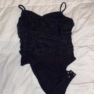 Black mesh ruffle leopard print bodysuit